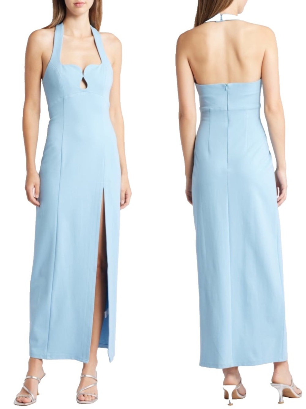 NEW ELLIATT Blue TUNING Halter Neck FRONT SLIT Column Maxi DRESS GOWN XL